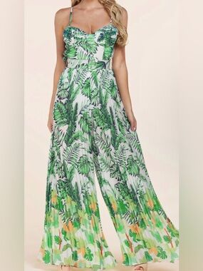 L’atiste Tropical Leaf Wide Leg Jumpsuit Green White Pleated M